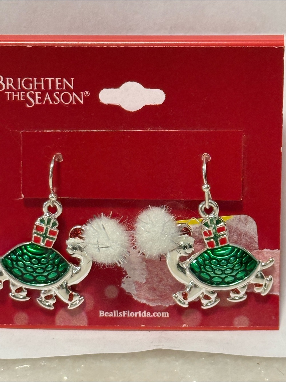 Green  Dinosaur Earrings with White Pom-Poms